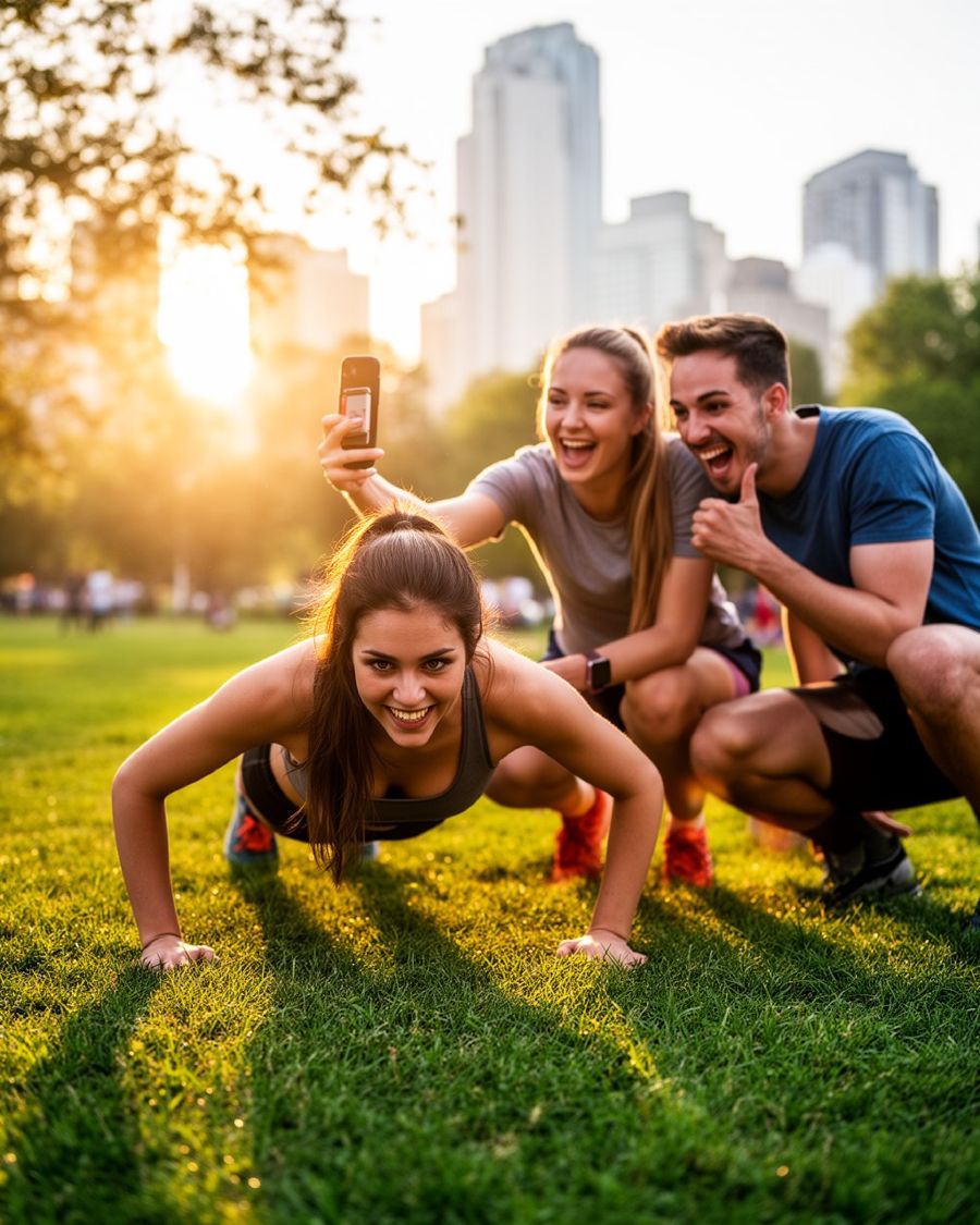 Une jeune femme fait des pompes dans un parc pendant que ses amis l'encouragent et la filment