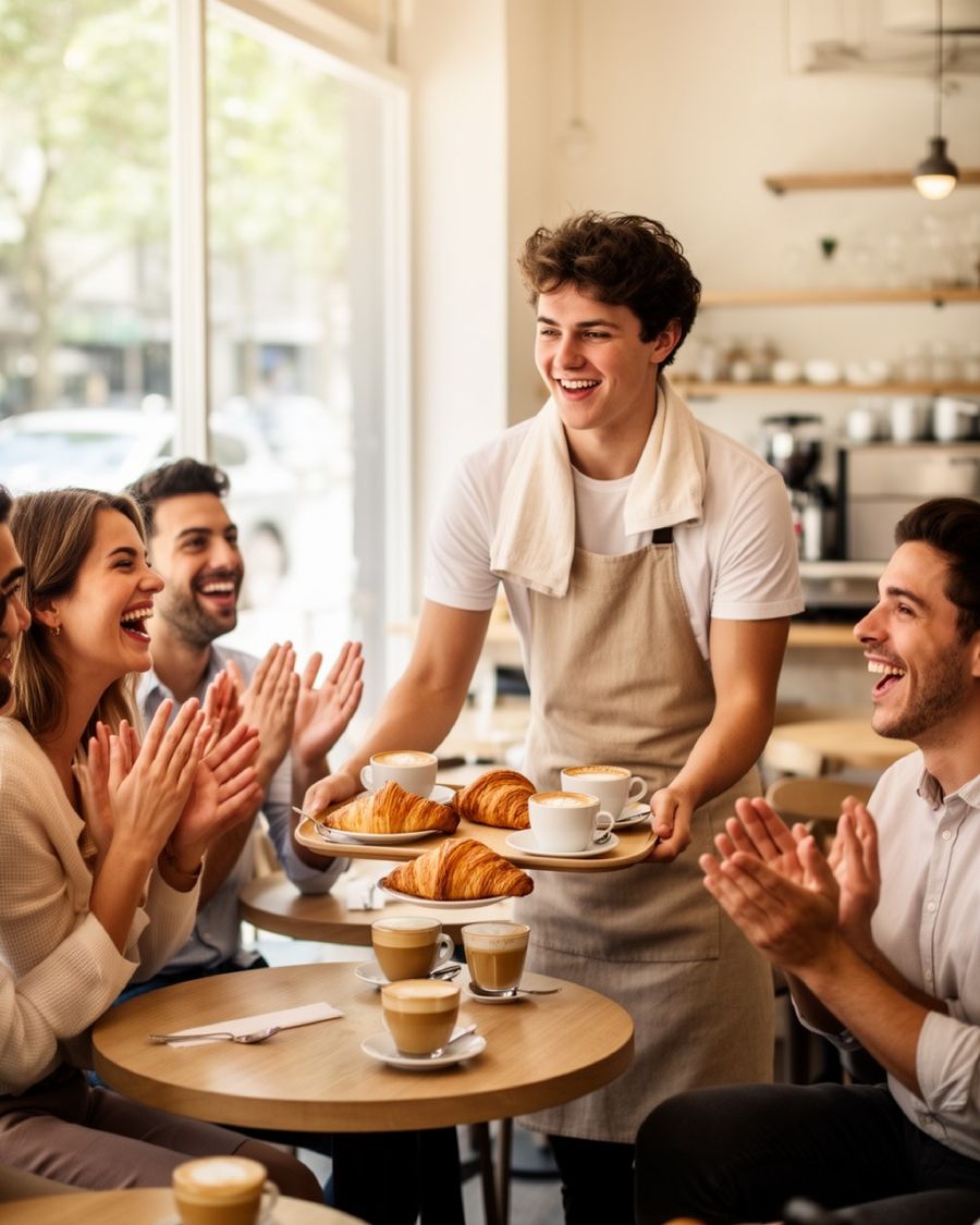 Un jeune homme sert des croissants et des cafés à trois amis qui l'applaudissent