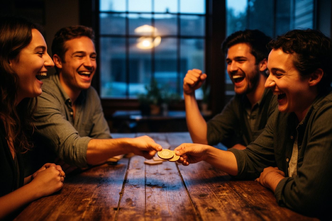 Quatre amis rient autour d'une table en bois, l'un tend un jeton à l'autre